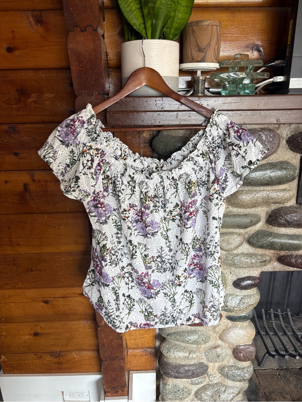 Violeta by Mango Floral Eyelet Off Shoulder Blouse White Purple M - Picture 7 of 8
